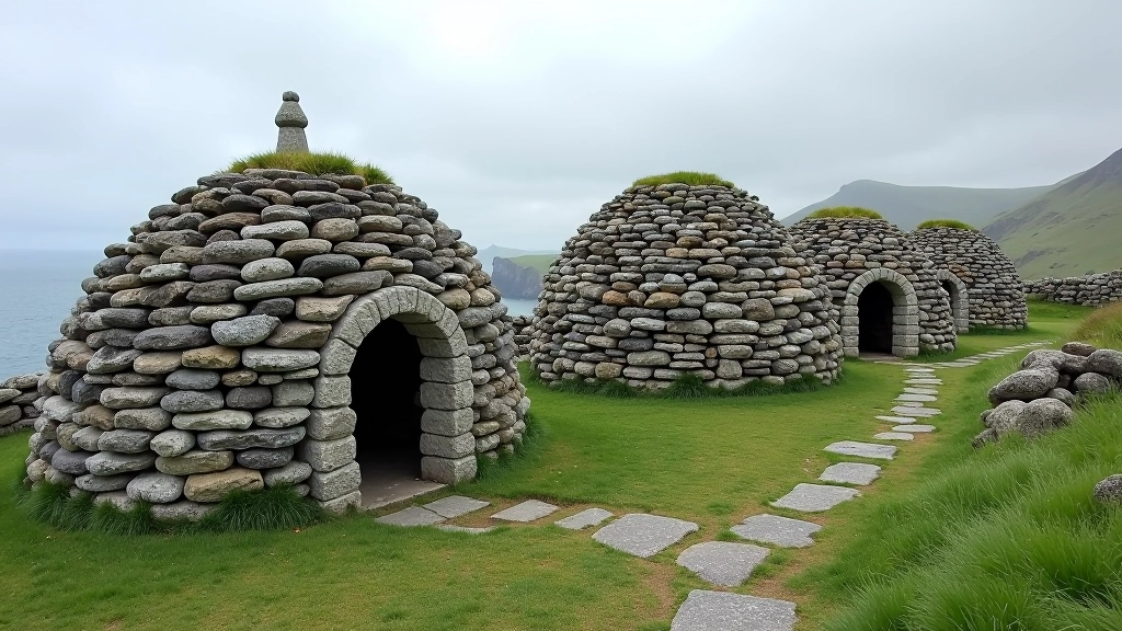 Stone beehive hut monastery structures on Skellig Michael, ancient stonework, ocean cliffs background, hiking path visible