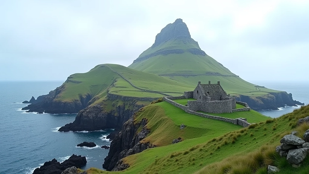 Ancient monastic settlement on Skellig Michael island rising from the sea