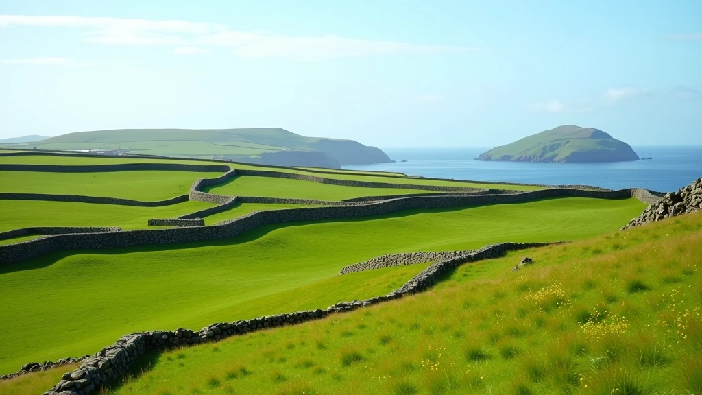 Rolling green hills and stone walls on Aran Islands with distant ocean horizon and traditional Irish landscape