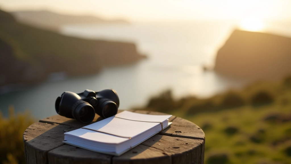 Binoculars and field notebook on wooden observation post, coastal landscape in soft background, morning light, sharp detail