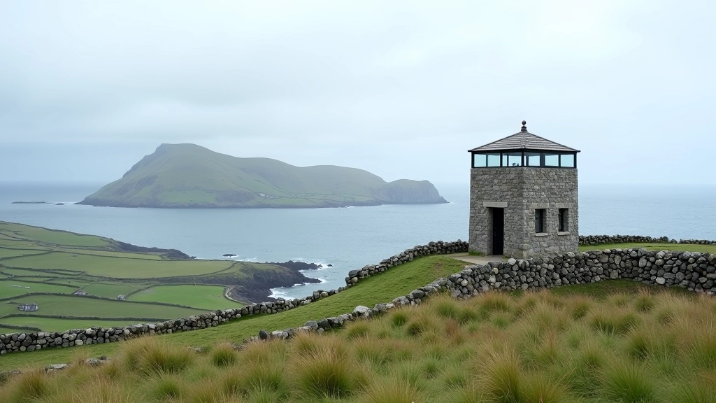 Bird observatory tower on Cape Clear Island overlooking coastal waters
