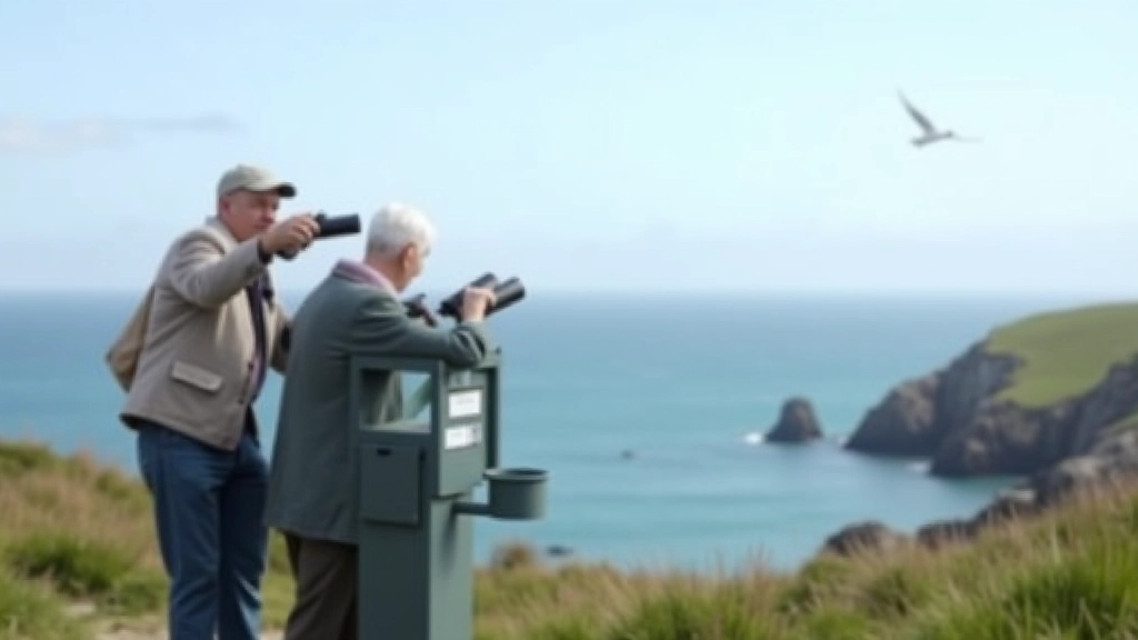 Bird observatory viewing platform with binoculars mounted on stand overlooking coastal waters with birds in flight