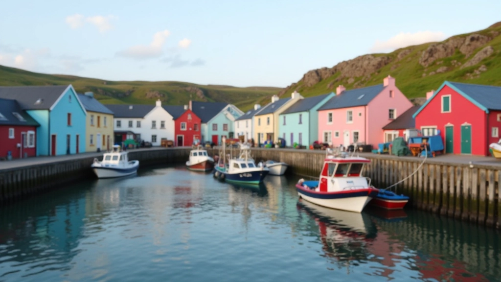 Cape Clear Island harbor with traditional fishing boats, colorful houses reflected in calm water, coastal village authentic scene