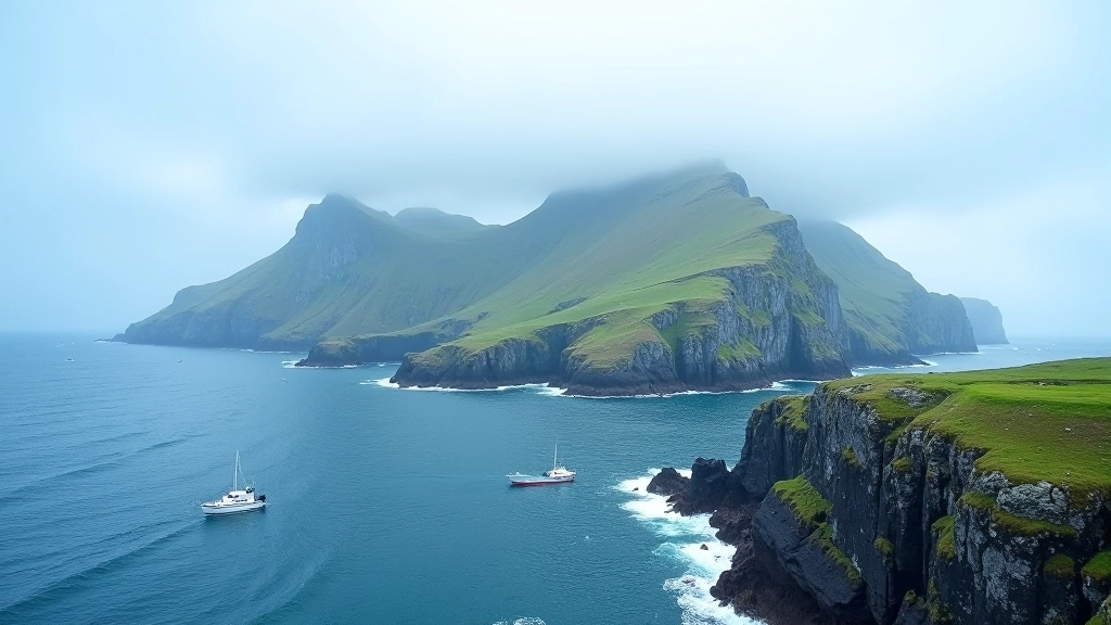 Dramatic rocky islands of Skellig Michael rising from blue Atlantic waters, boats departing from Kerry coast, coastal landscape