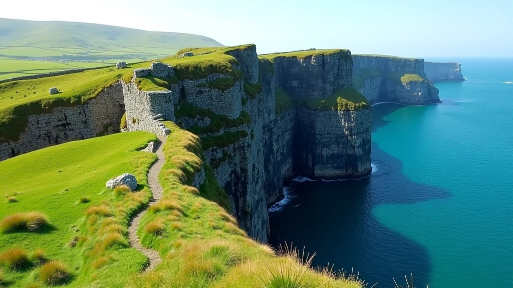 Dramatic coastal cliffs dropping to turquoise water with ancient stone fort walls visible on cliff edge, green grass in foreground