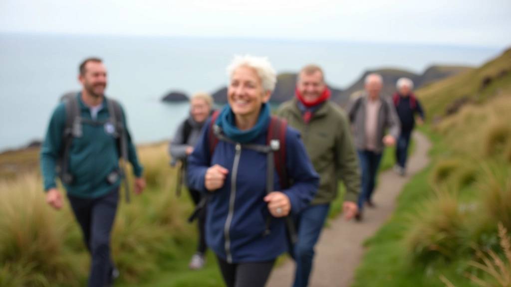 Active retirees enjoying a guided coastal walk together in natural Irish landscape