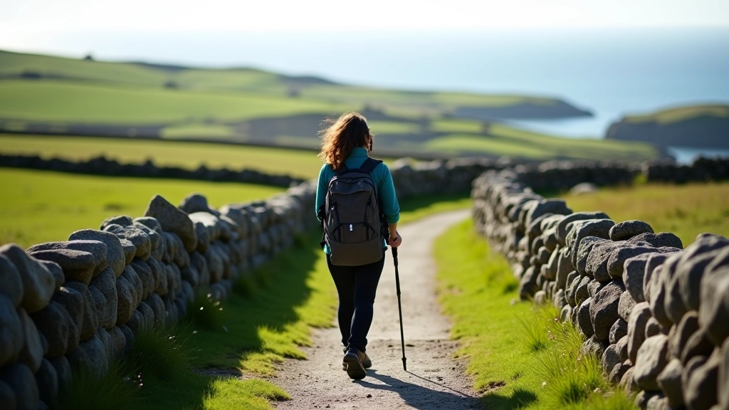 Hiker standing on ancient stone path between traditional dry-stone walls with rolling green hills and ocean horizon visible