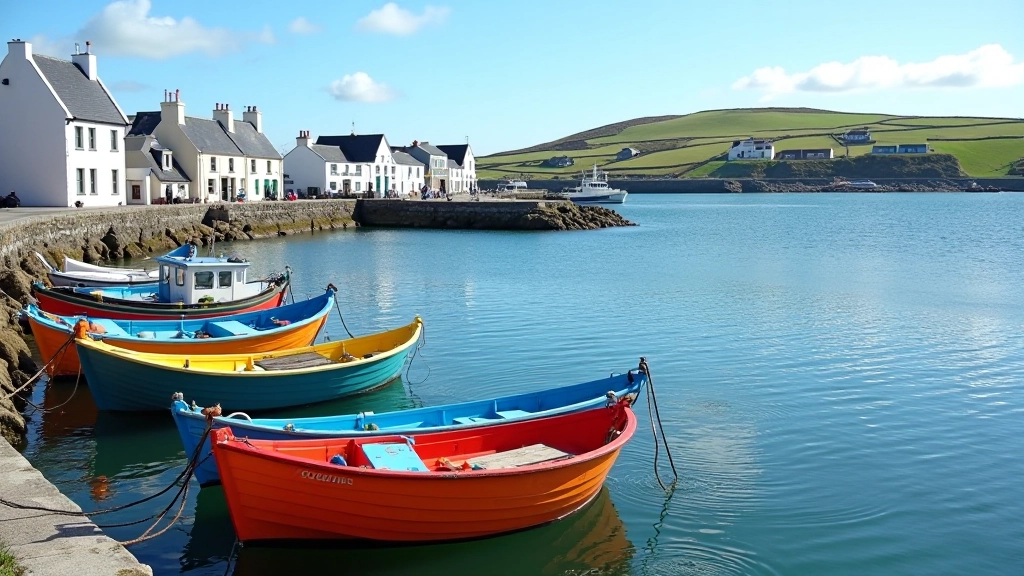 Colorful fishing boats lined up at Kilronan harbor with traditional stone buildings and blue water reflecting the sky