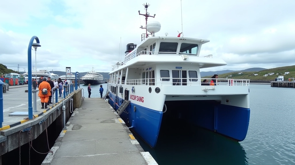 Modern ferry vessel at harbor dock with accessibility ramp and facilities