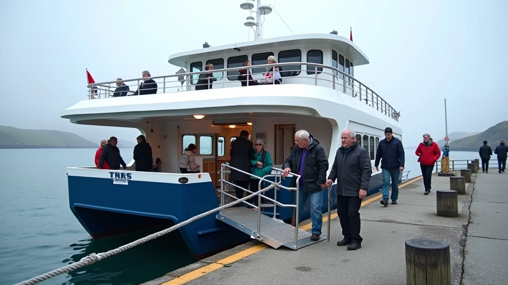 Modern passenger ferry with accessibility ramp lowered, elderly passengers boarding with walking aids, calm harbor conditions