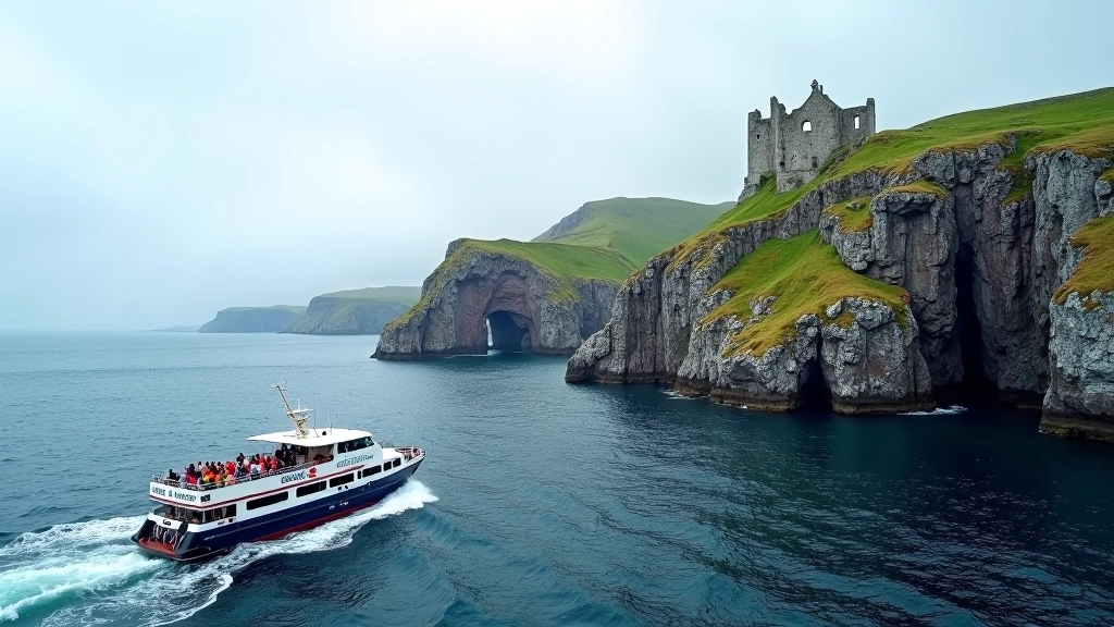 Passenger ferry boat approaching rocky island with dramatic cliffs and ancient monastic structures visible on cliff edge