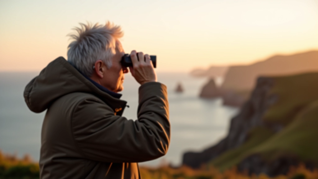 Person in outdoor clothing looking through binoculars at clifftop observation point, coastal scenery, genuine birdwatching posture, natural lighting