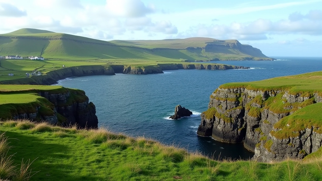 Scenic coastal cliffs and stone walls on Aran Islands with green rolling hills and Atlantic Ocean in background