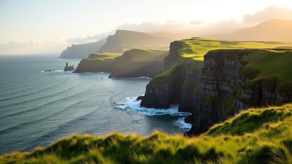 Dramatic Irish coastal cliffs overlooking the Atlantic with green hillsides and golden light