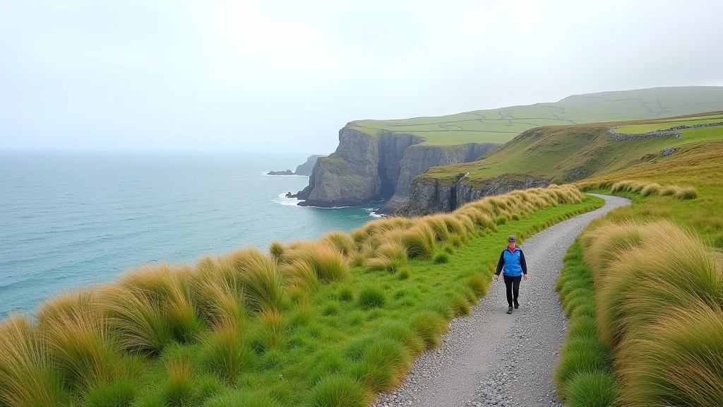 Scenic walking path on Aran Islands with coastal cliffs visible