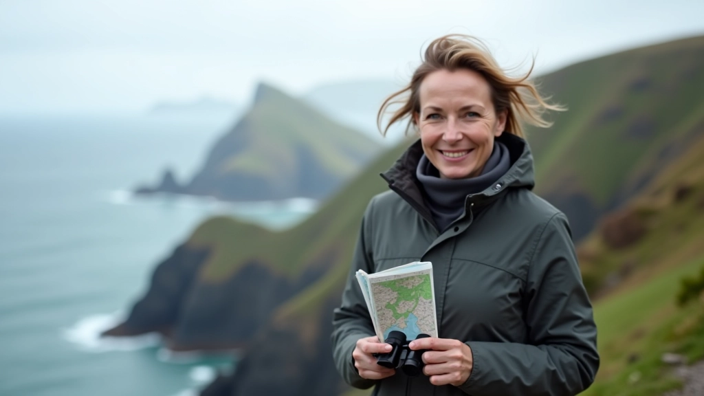 Siobhan at a coastal overlook on the Aran Islands, examining walking route maps and field notes